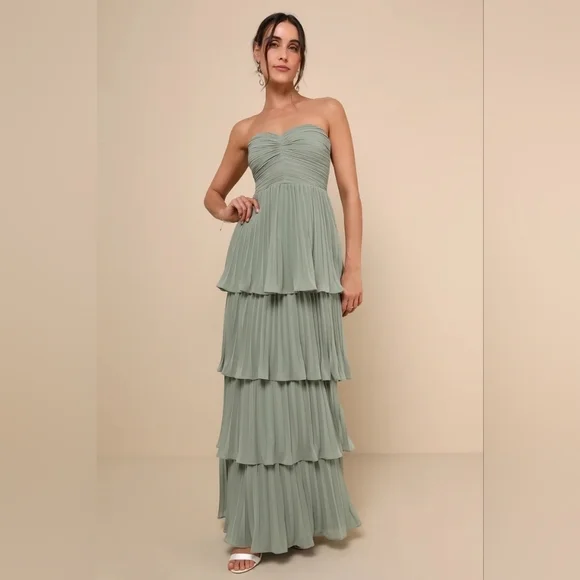 Lulus Seriously Sensational Sage Brush Strapless Tiered Maxi Dress Wedding Prom - Picture 2 of 8